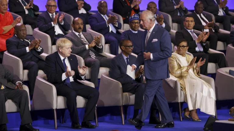 Prince Charles walks on stage during the opening ceremony of the Commonwealth Heads of Government Meeting (CHOGM) on June 24, 2022 in Kigali, Rwanda.